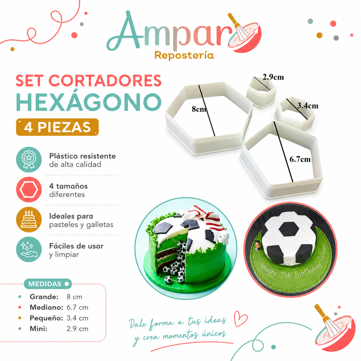 Cortador Pelota de Fútbol 4 Piezas – Set de Cortadores para Fondant, Galletas y Pastelería