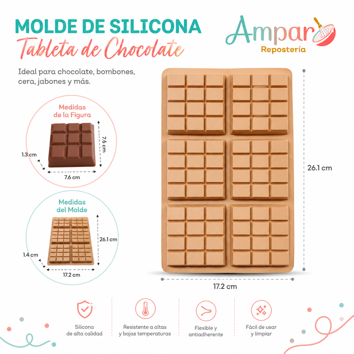Molde de Silicona para Barra de Chocolate – 6 Cavidades