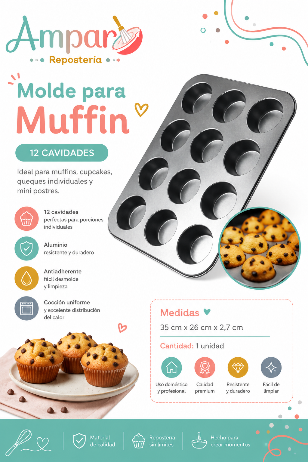Molde para Muffin 12 Cavidades de Aluminio Antiadherente