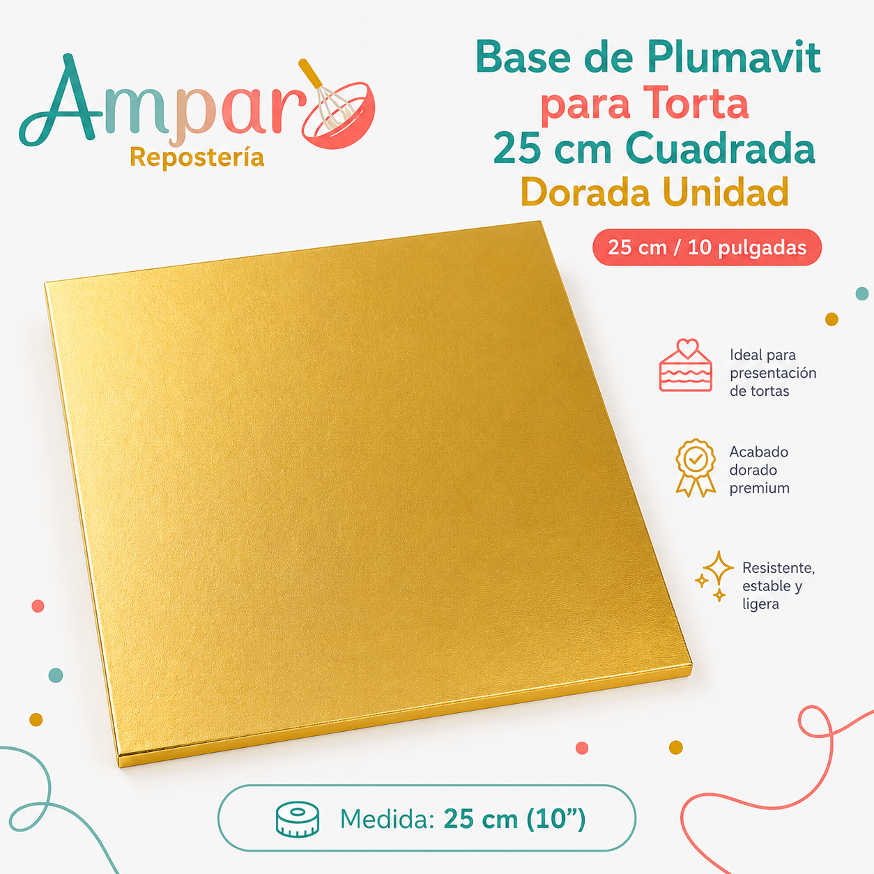 Base de Plumavit para Torta 25 cm Cuadrada Dorada – Unidad
