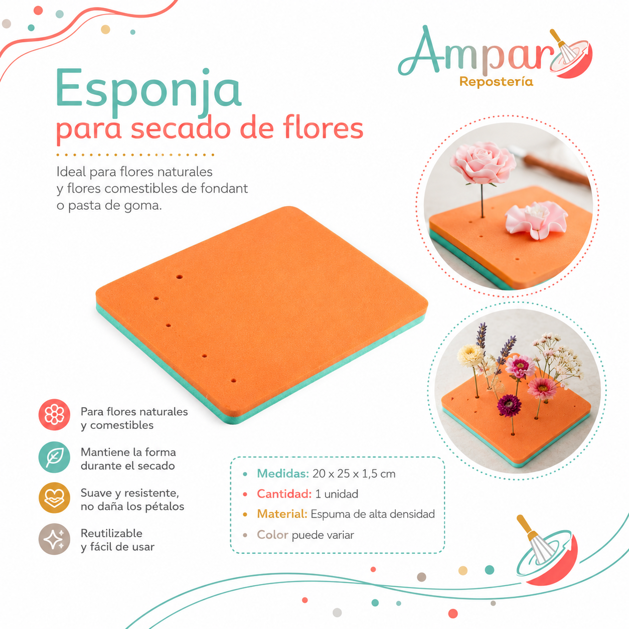 Esponja para Fondant Rectangular con 5 Orificios – Tapete para Secado de Flores de Azúcar