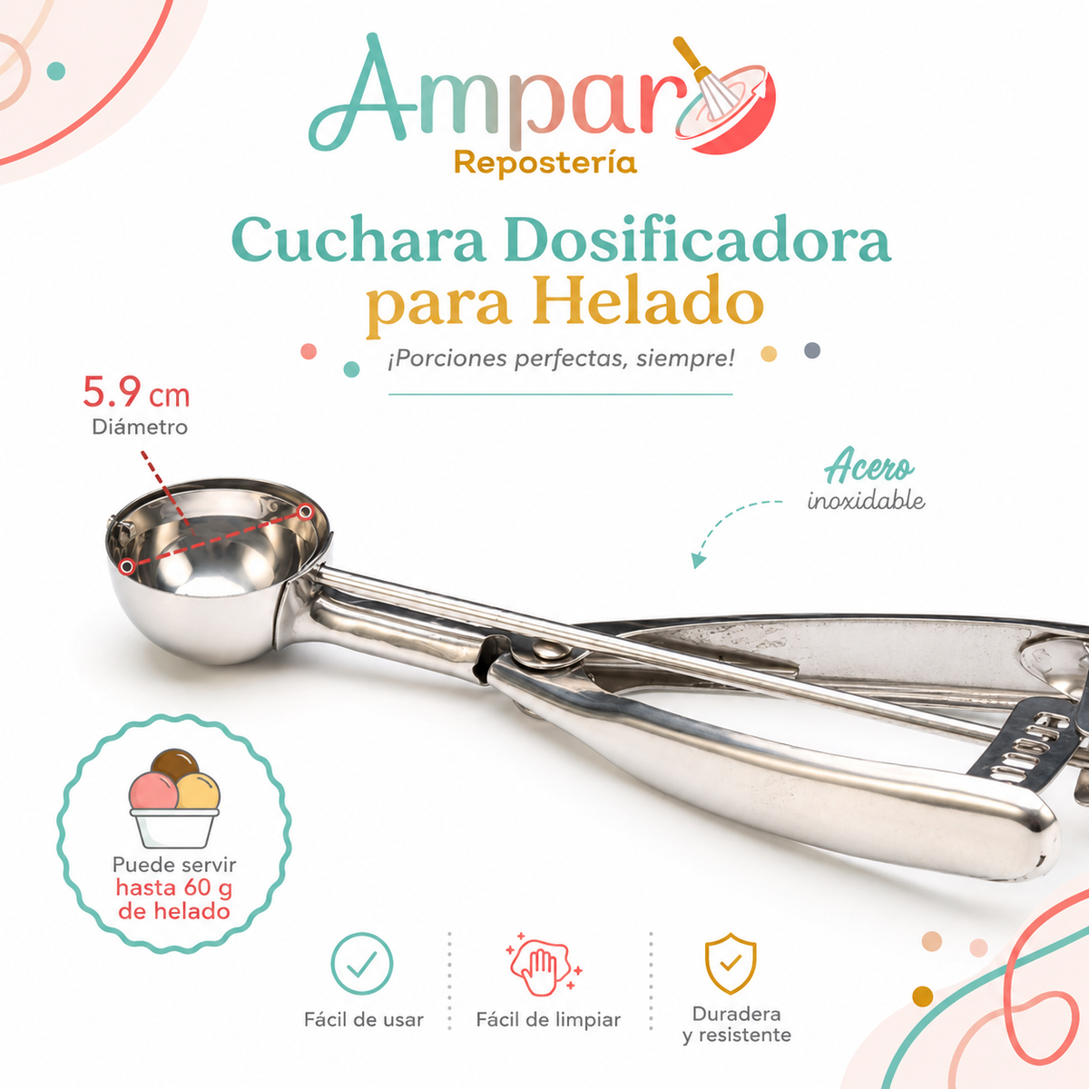 Cuchara Dosificadora para Helado de Acero Inoxidable con Gatillo 60 g – 5,9 cm