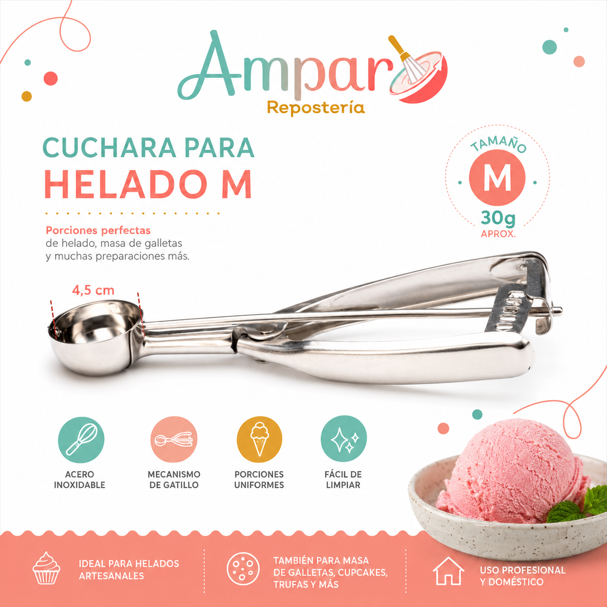 Cuchara para Helado M – Porcionador de Acero Inoxidable 30 g