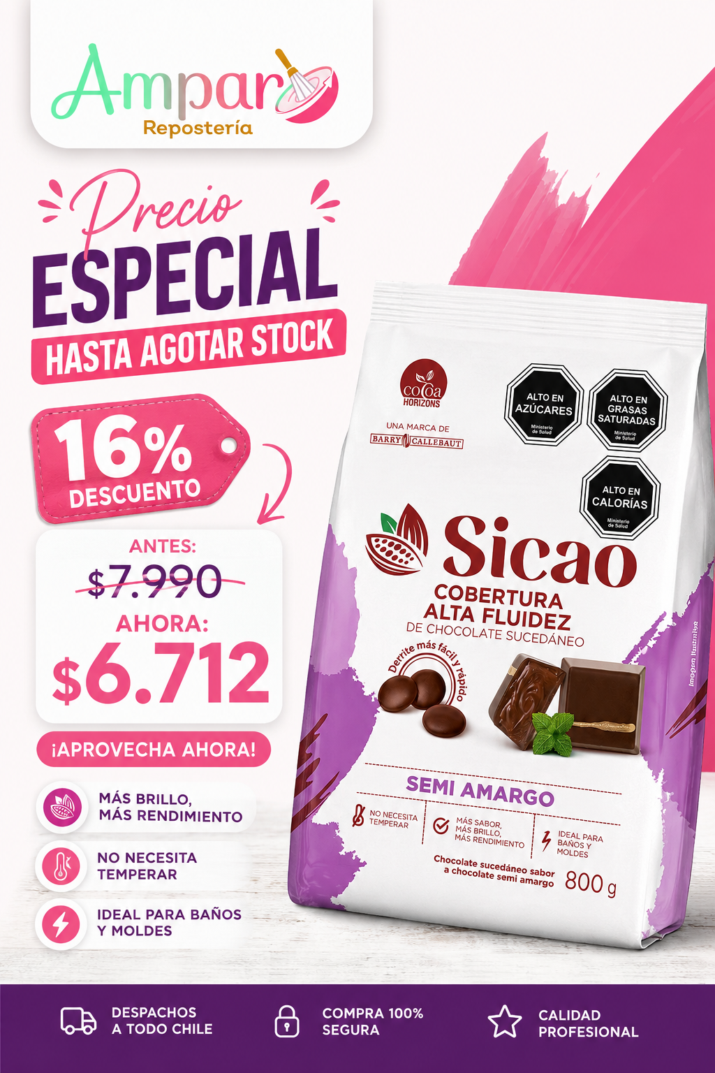 Cobertura Chocolate Semi Amargo Alta Fluidez Sicao - 800 g