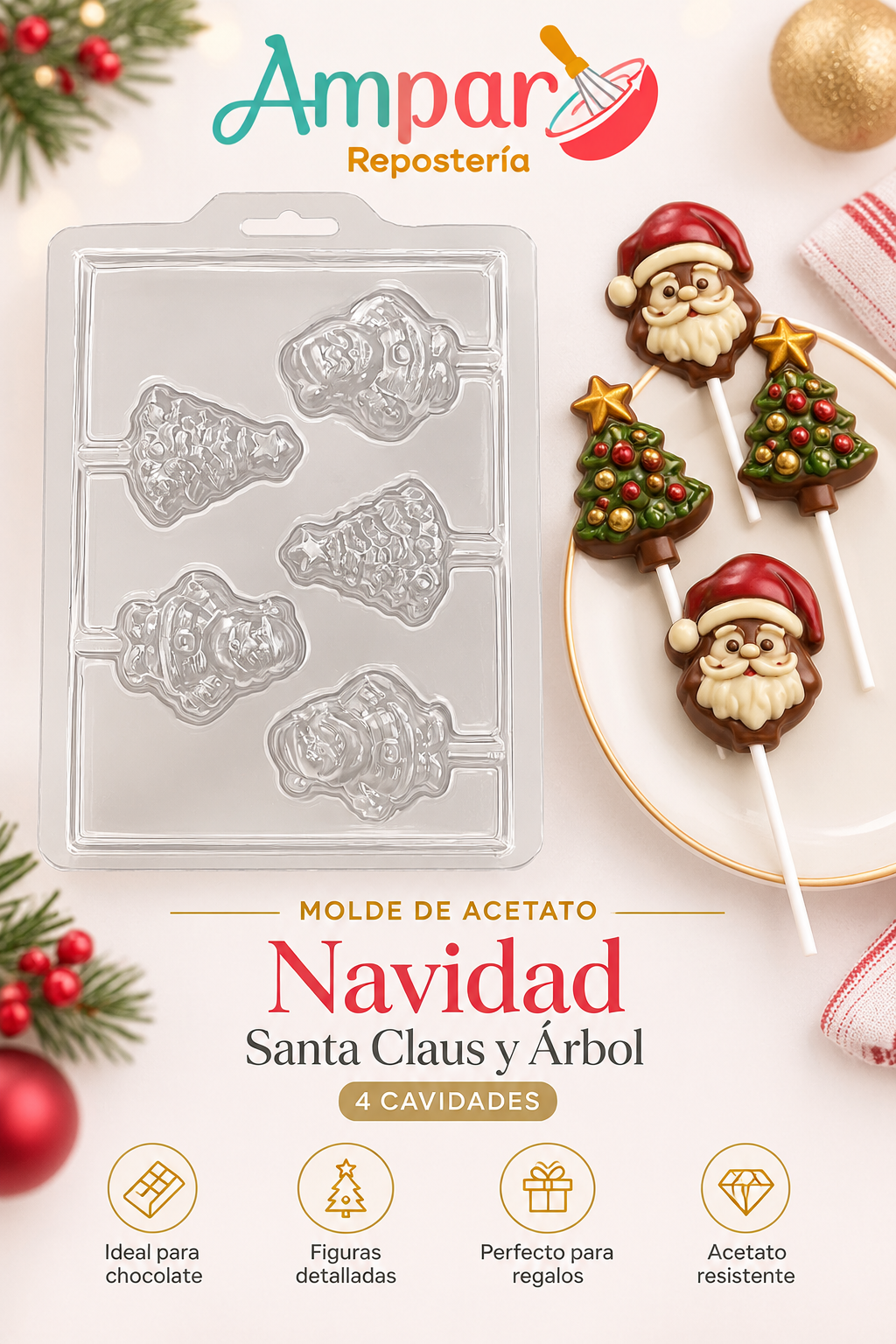 Molde de Acetato Navidad – Santa Claus y Árbol Navideño paleta