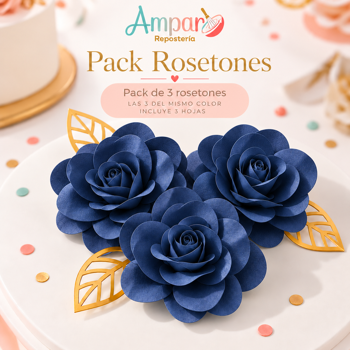 Cake Topper Pack Rosetones Azul Marino – 3 Unidades