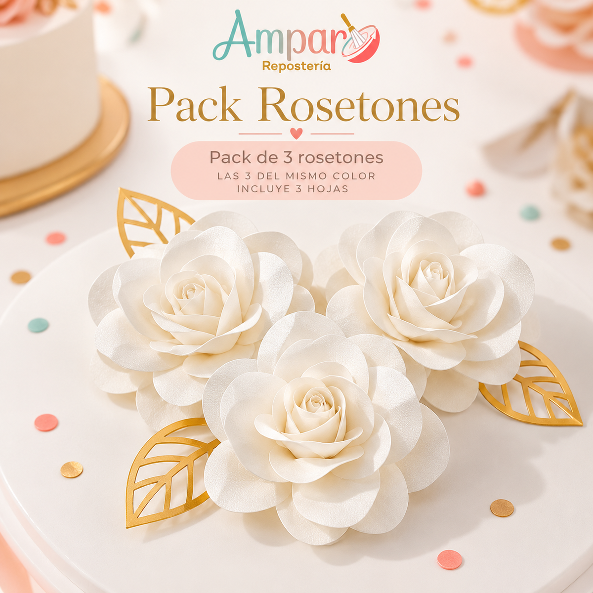 Cake Topper Pack Rosetones Blancos – 3 Unidades