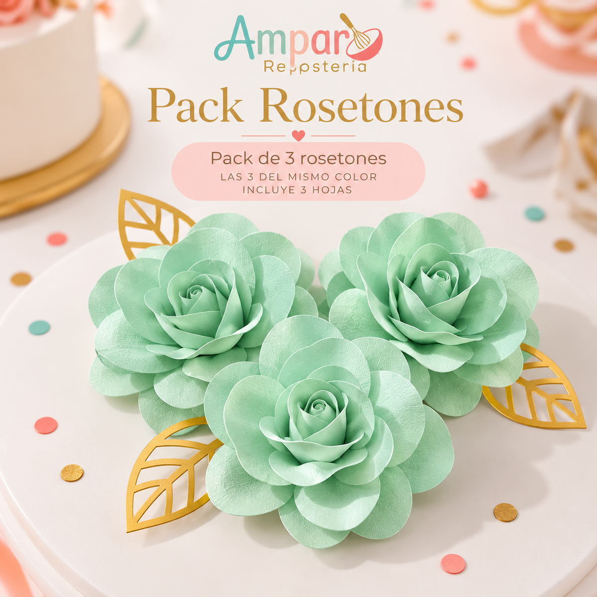 Cake Topper Pack Rosetones Verde Menta – 3 Unidades