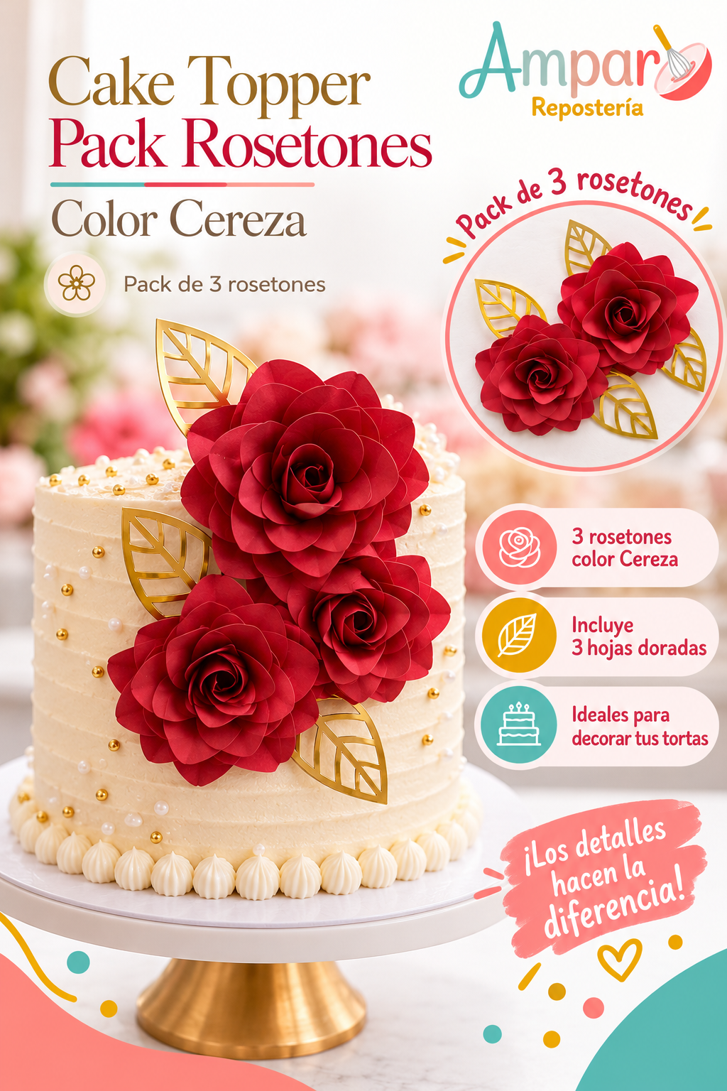 Cake Topper Pack Rosetones Cereza – 3 Unidades