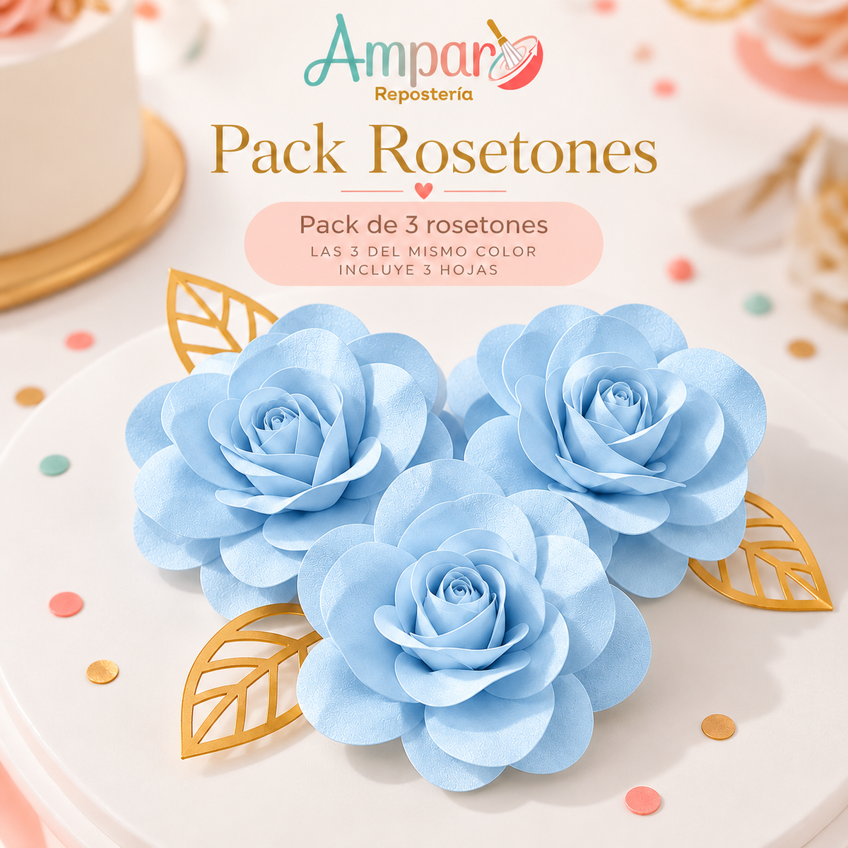 Cake Topper Pack Rosetones Celeste – 3 Unidades
