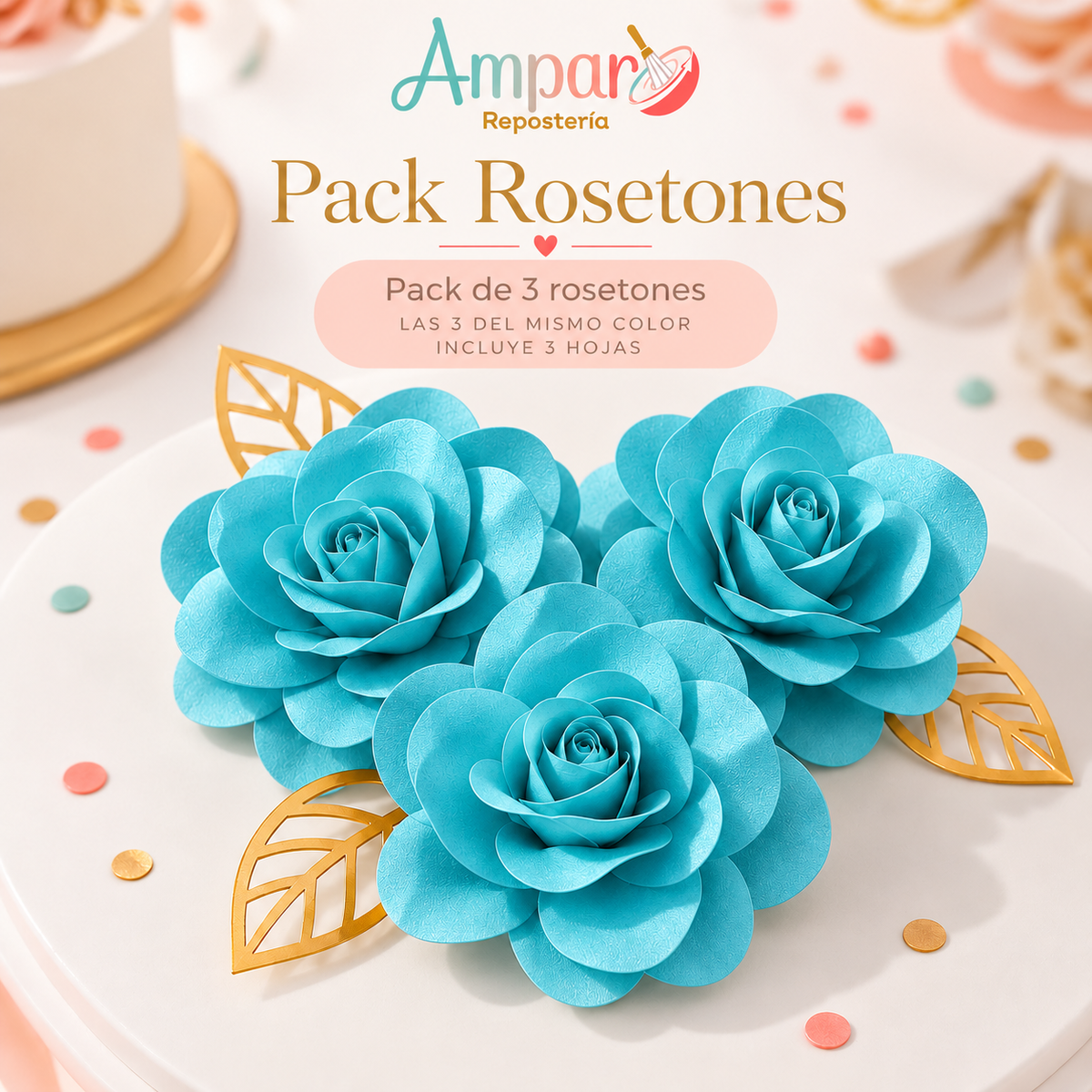 Cake Topper Pack Rosetones Turquesa – 3 Unidades