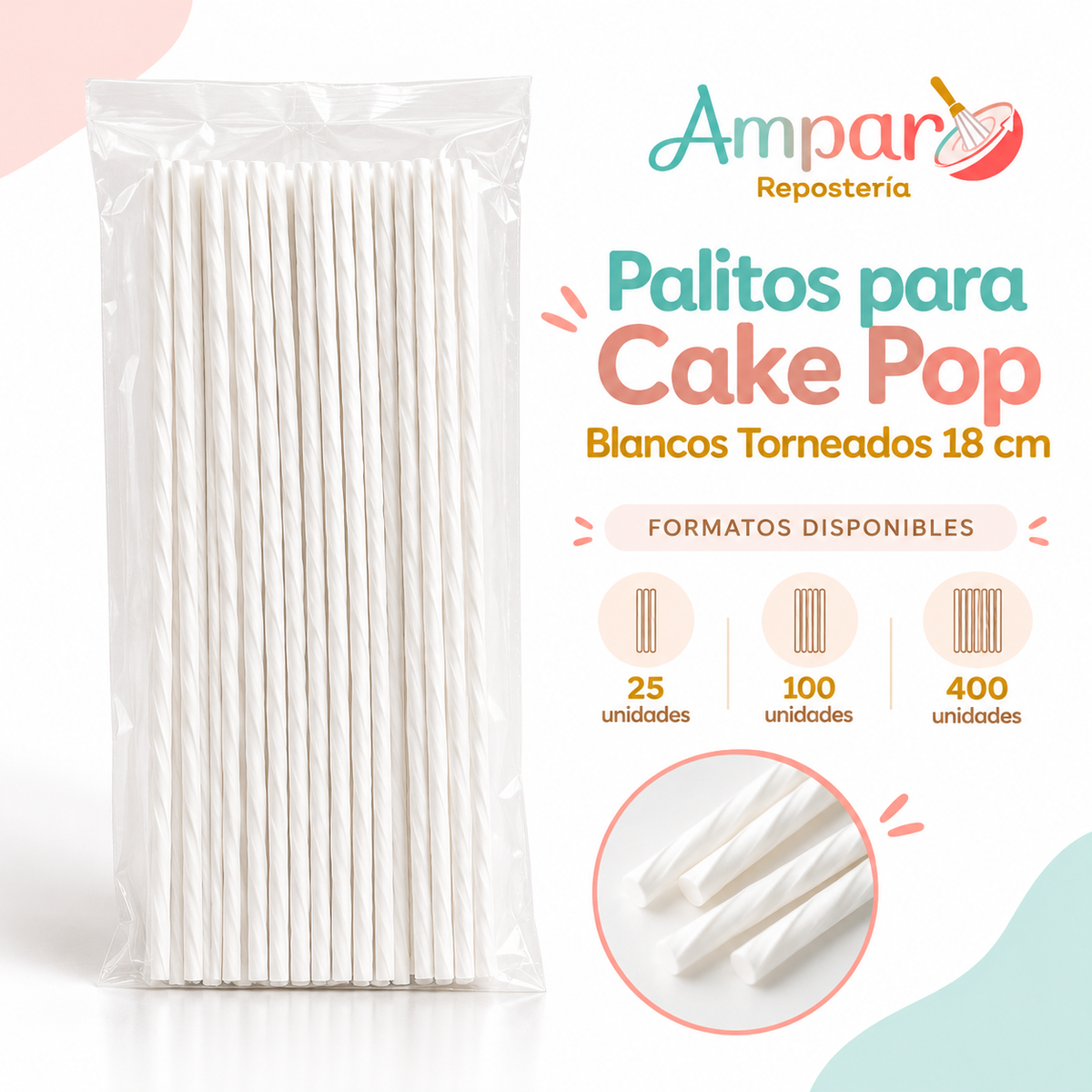 Palitos para Cake Pop Blancos Torneados 18 cm