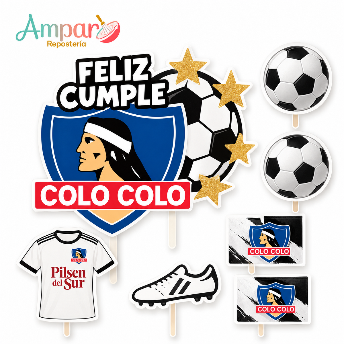 Cake Topper Set Temático Feliz Cumple Colo-Colo – Decoración para Tortas