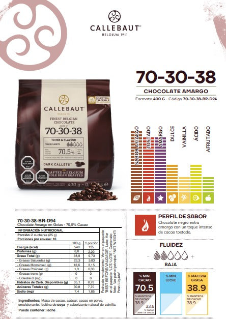 Chocolate Callebaut 70-30-38 | 70,5 % Cacao en Gotas 400 g
