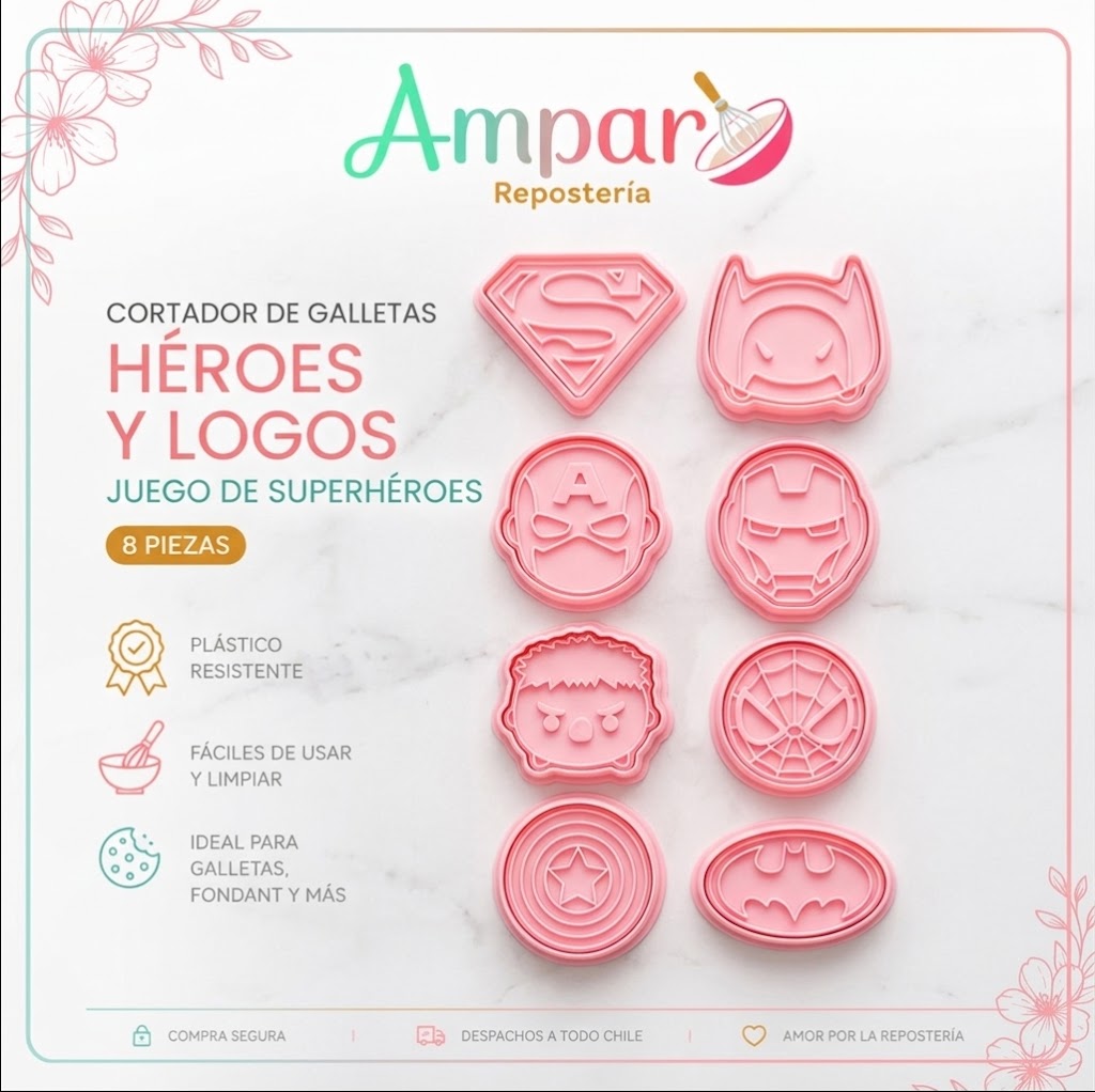 Cortadores 3D con Sello Superhéroes para Galletas y Fondant 8 Piezas