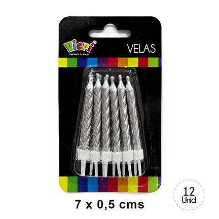 Vela metalica espiral plata con soporte 12 piezas