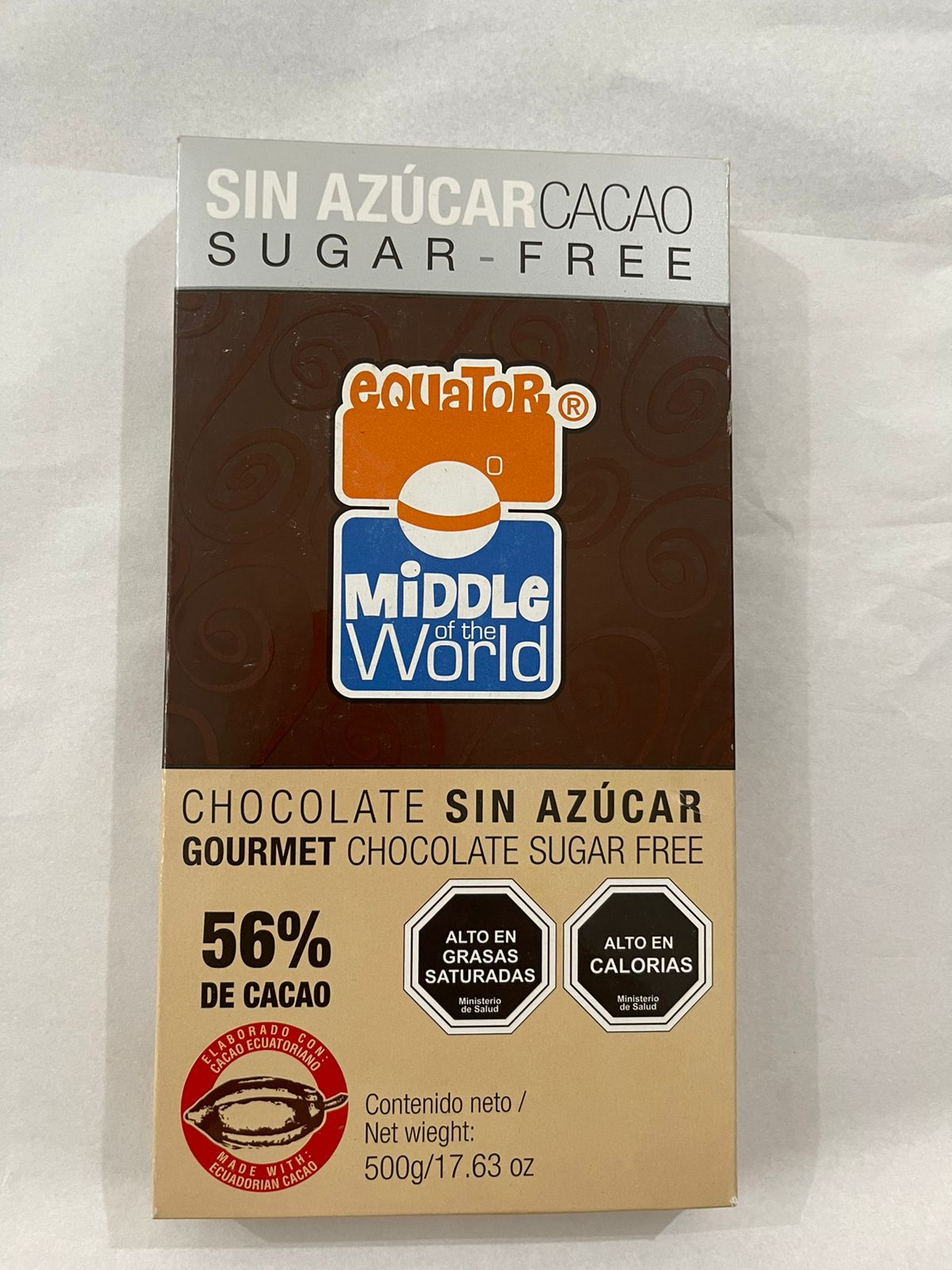 Chocolate Sin Azucar barra  500 gr. 56% Middle of The World