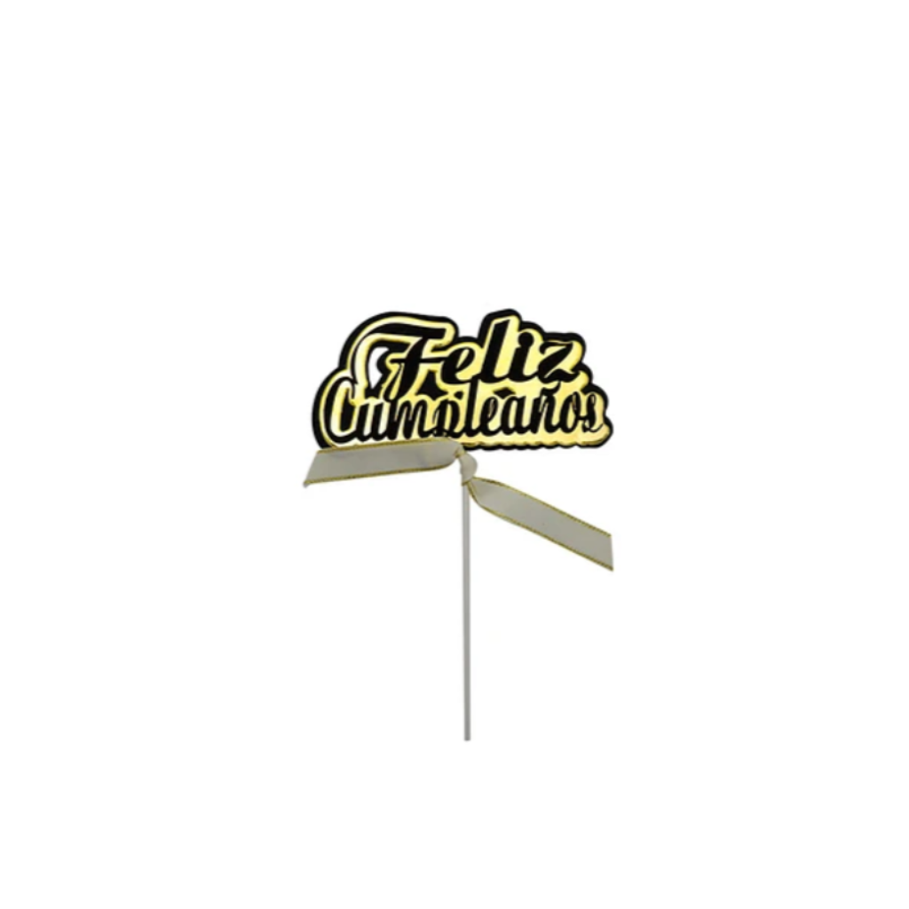 Cake topper feliz cumpleaños fondo dorado letras negras