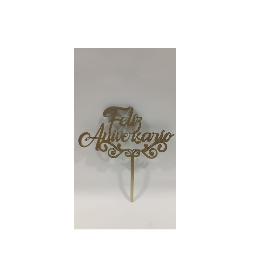 Cake topper feliz aniversario dorado mdf