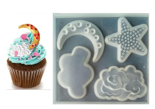 Molde silicona estrella , luna y  nubes
