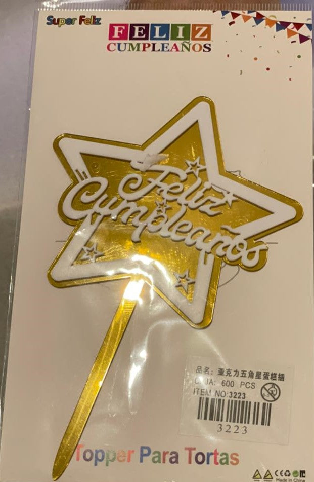 Cake topper feliz cumple estrella dorada-blanco